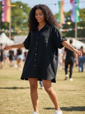 Sezane Black Shirt Dress Large Slouchy Rolled Sleeves Classic Quiet Luxury Drape